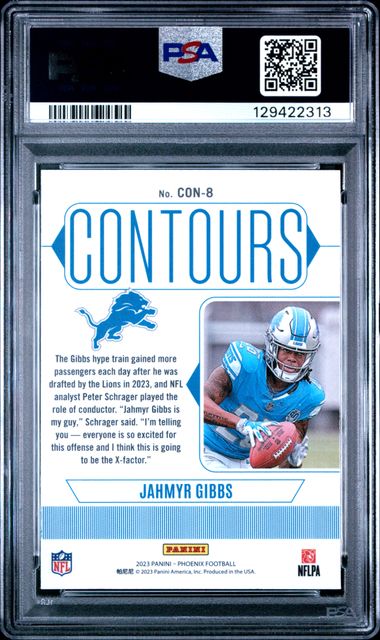Graded 2023 Panini Phoenix Jahmyr Gibbs #CON8 Contours Silver Seismic Rookie RC Football Card PSA 10 Gem Mint (ONLINE ORDER ONLY)