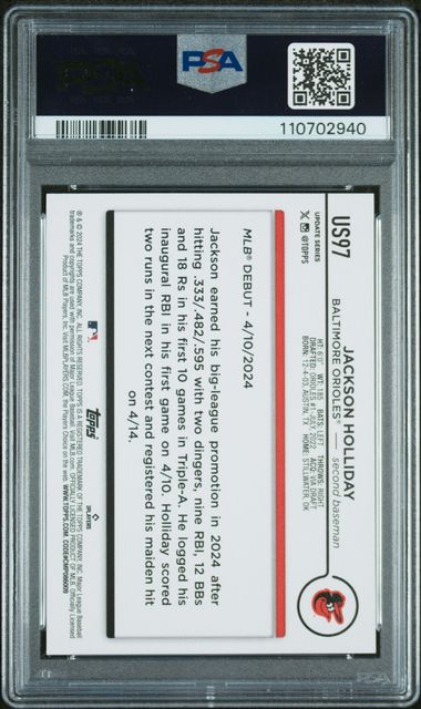 Graded 2024 Topps Update Jackson Holliday #US97 Rookie RC Baseball Card PSA 10 Gem Mint (ONLINE ORDER ONLY)