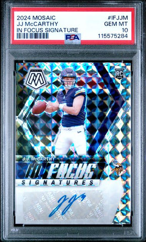 Graded 2024 Mosaic JJ McCarthy #IFJJM In Focus Signature Rookie RC Football Card PSA 10 Gem Mint (ONLINE ORDER ONLY)