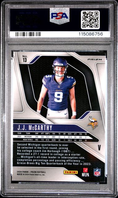 Graded 2024 Panini Prizm Rookie Variation JJ McCarthy #13 Rookie RC Football Card PSA 10 Gem Mint (ONLINE ORDER ONLY)