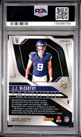 Graded 2024 Panini Prizm Rookie Variation JJ McCarthy #13 Rookie RC Football Card PSA 10 Gem Mint (ONLINE ORDER ONLY)