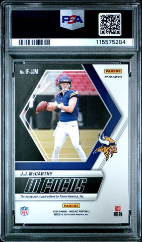 Graded 2024 Mosaic JJ McCarthy #IFJJM In Focus Signature Rookie RC Football Card PSA 10 Gem Mint (ONLINE ORDER ONLY)