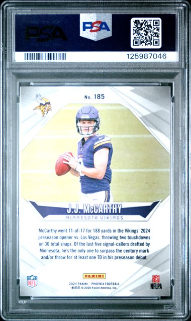 Graded 2024 Panini Phoenix Purple JJ McCarthy #185 Rookie RC Football Card PSA 10 Gem Mint (ONLINE ORDER ONLY)