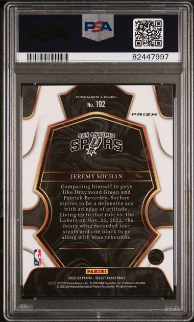 Graded 2022 Panini Select Jeremy Sochan #192 Green/White/Purple Rookie RC Basketball Card PSA 10 Gem Mint (ONLINE ORDER ONLY)