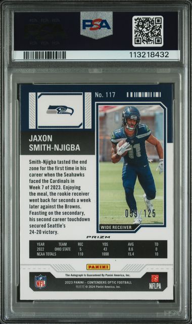 Graded 2023 Contenders Optic Jaxon Smith-Njigba #117 /125 Autograph Red Rookie RC Football Card PSA 9 Mint (ONLINE ORDER ONLY)