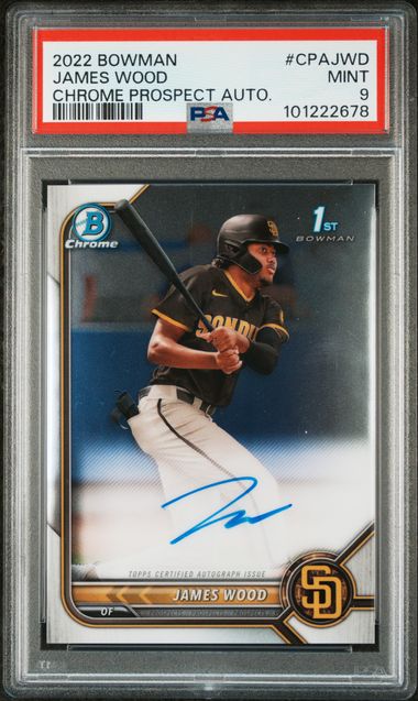 Graded 2022 Bowman Chrome James Wood #CPAJWD 1st Bowman Auto Rookie RC Baseball Card PSA 9 Mint (ONLINE ORDER ONLY)