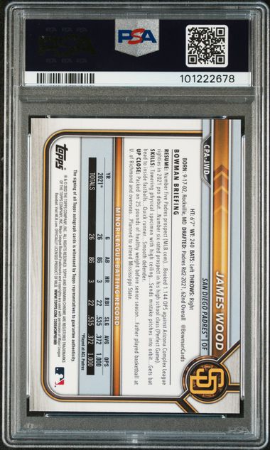 Graded 2022 Bowman Chrome James Wood #CPAJWD 1st Bowman Auto Rookie RC Baseball Card PSA 9 Mint (ONLINE ORDER ONLY)