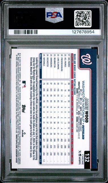 Graded 2025 Topps Chrome James Wood #132 Raywave Rookie RC Baseball Card PSA 10 Gem Mint (ONLINE ORDER ONLY)