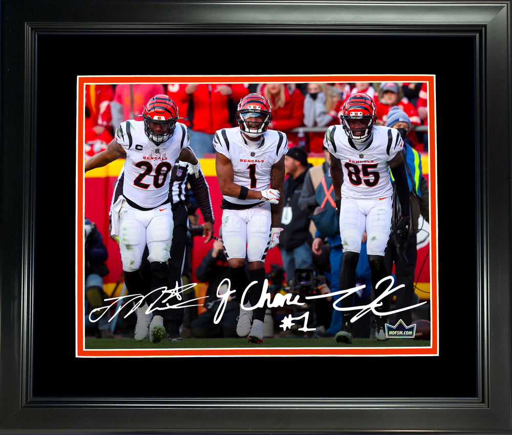 Framed Ja'Marr Chase, Joe Mixon & Tee Higgins Cincinnati Bengals Facsimile Laser Engraved Signature Auto 11"x14" Football Photo HOFSM Holo (ONLINE ORDER ONLY)