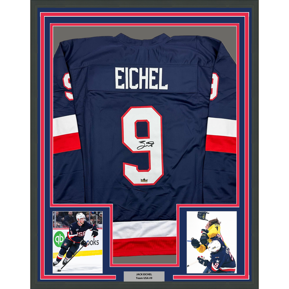 Framed Facsimile Autographed Jack Eichel 35x39 United States USA Blue 2025 4 Nations Face-Off Reprint Laser Auto Hockey Jersey (ONLINE ORDER ONLY)
