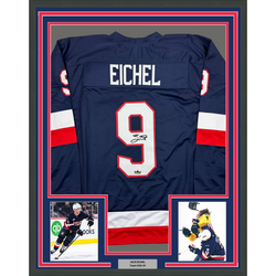 Framed Facsimile Autographed Jack Eichel 35x39 United States USA Blue 2025 4 Nations Face-Off Reprint Laser Auto Hockey Jersey (ONLINE ORDER ONLY)