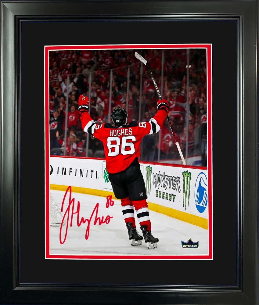 Framed Jack Hughes New Jersey Devils Facsimile Laser Engraved Signature Auto 11"x14" Hockey Photo HOFSM Holo (ONLINE ORDER ONLY)