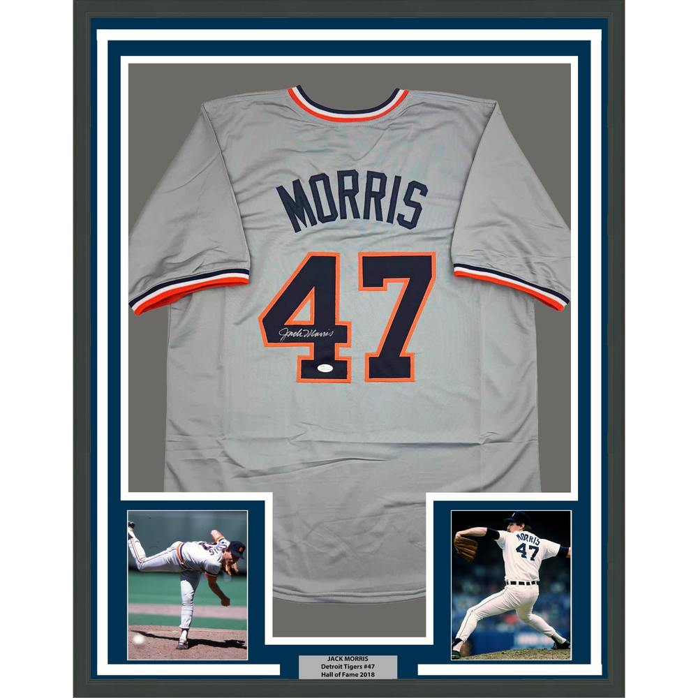 Framed Autographed/Signed Jack Morris 35x39 Detroit Grey Baseball Jersey JSA COA