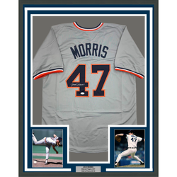 Framed Autographed/Signed Jack Morris 35x39 Detroit Grey Baseball Jersey JSA COA