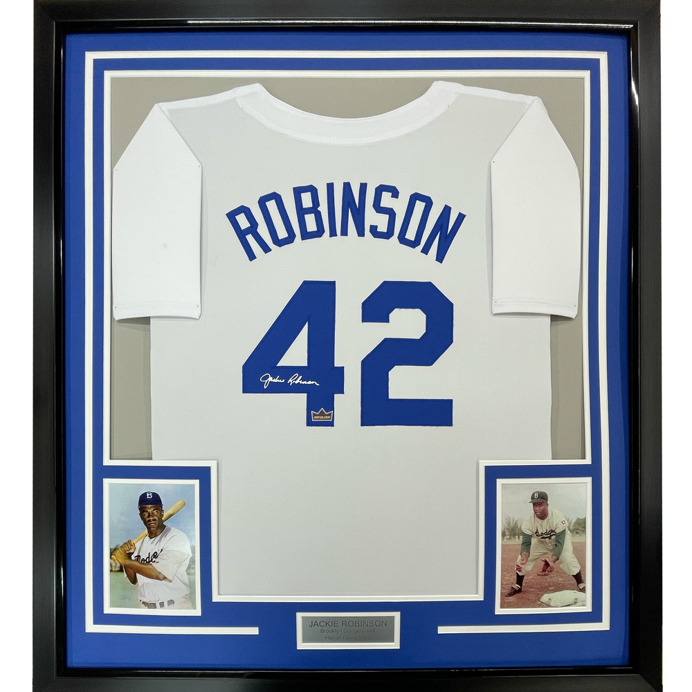 Framed Facsimile Autographed Jackie Robinson 35x39 Brooklyn Los Angeles LA White Reprint Laser Auto Baseball Jersey (ONLINE ORDER ONLY)