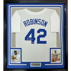 Framed Facsimile Autographed Jackie Robinson 35x39 Brooklyn Los Angeles LA White Reprint Laser Auto Baseball Jersey (ONLINE ORDER ONLY)