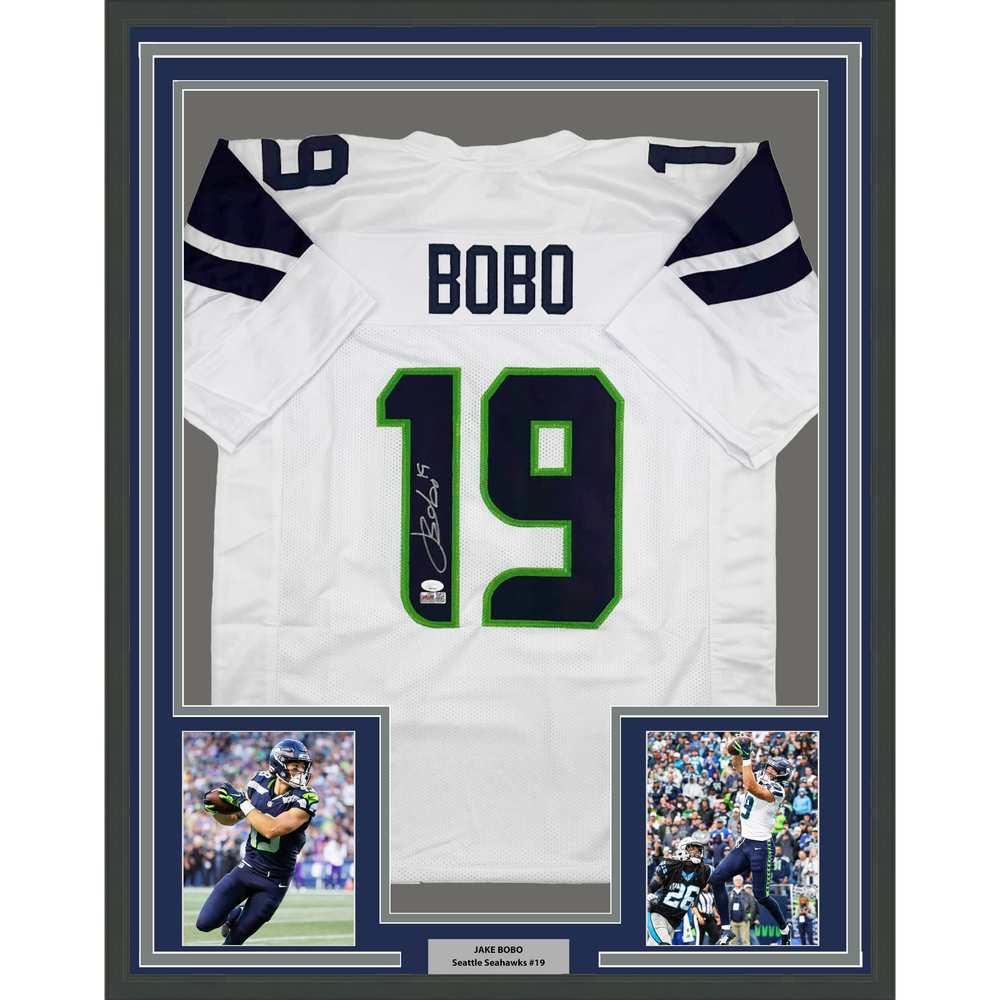 Framed Autographed/Signed Jake Bobo 35x39 Seattle White Football Jersey JSA COA (ONLINE ORDER ONLY)