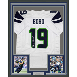 Framed Autographed/Signed Jake Bobo 35x39 Seattle White Football Jersey JSA COA (ONLINE ORDER ONLY)