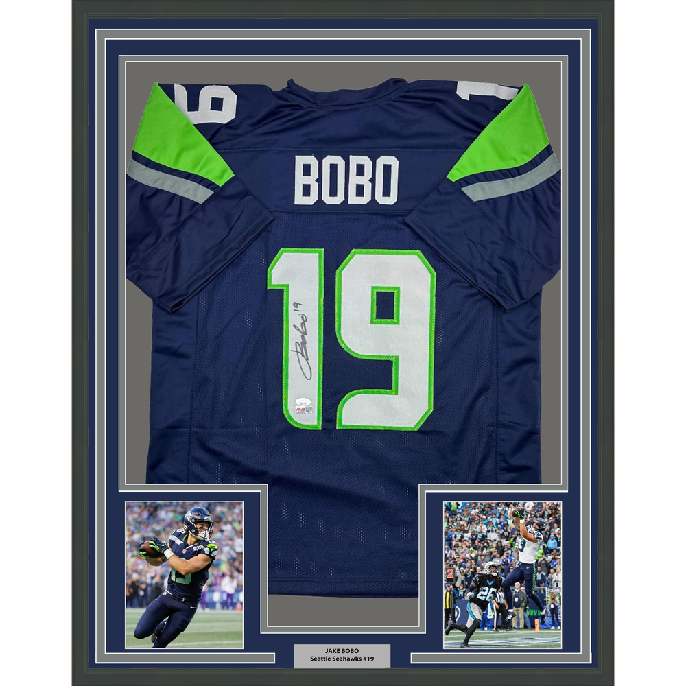 Framed Autographed/Signed Jake Bobo 35x39 Seattle Blue Football Jersey JSA COA