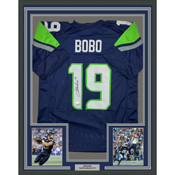 Framed Autographed/Signed Jake Bobo 35x39 Seattle Blue Football Jersey JSA COA