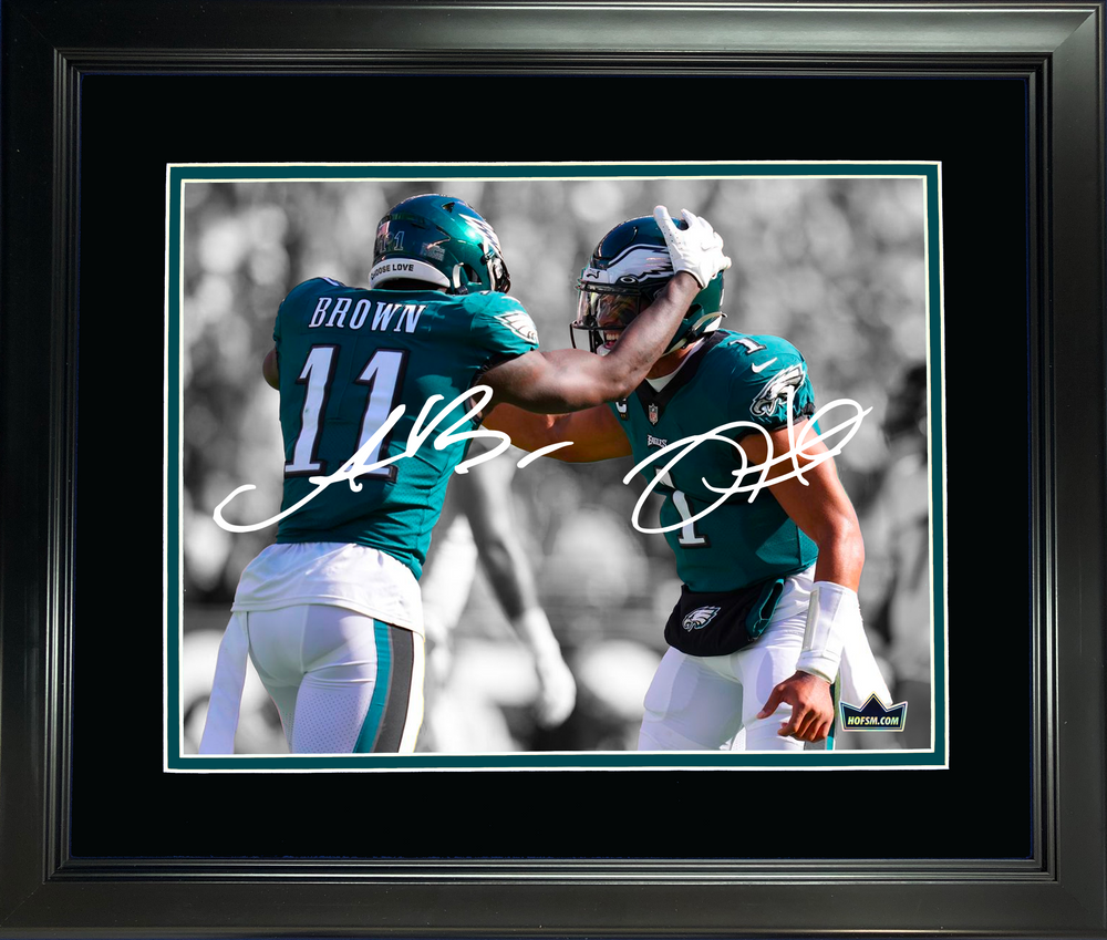 Framed Jalen Hurts A.J. Brown Philadelphia Eagles Dual Facsimile Laser Engraved Signature Auto 11"x14" Football Photo HOFSM Holo (ONLINE ORDER ONLY)