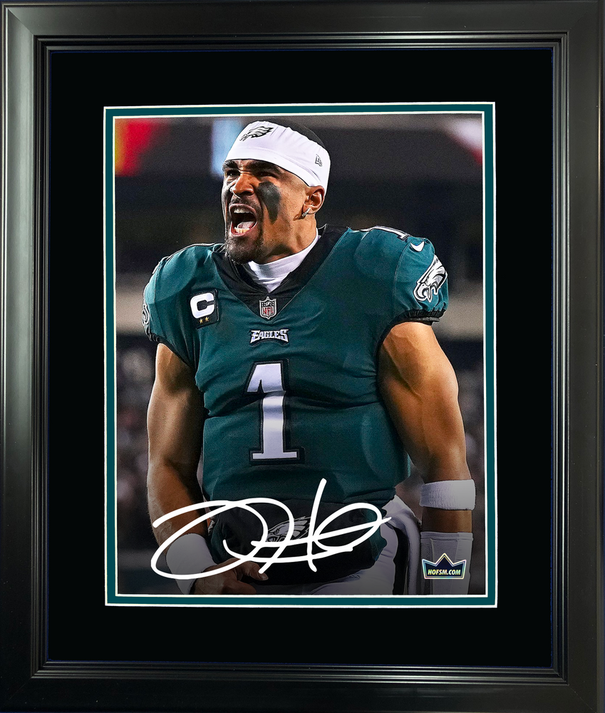 Framed Jalen Hurts Facsimile Laser Engraved Signature Auto Philadelphia Eagles 11"x14" Football Photo HOFSM Holo (ONLINE ORDER ONLY)