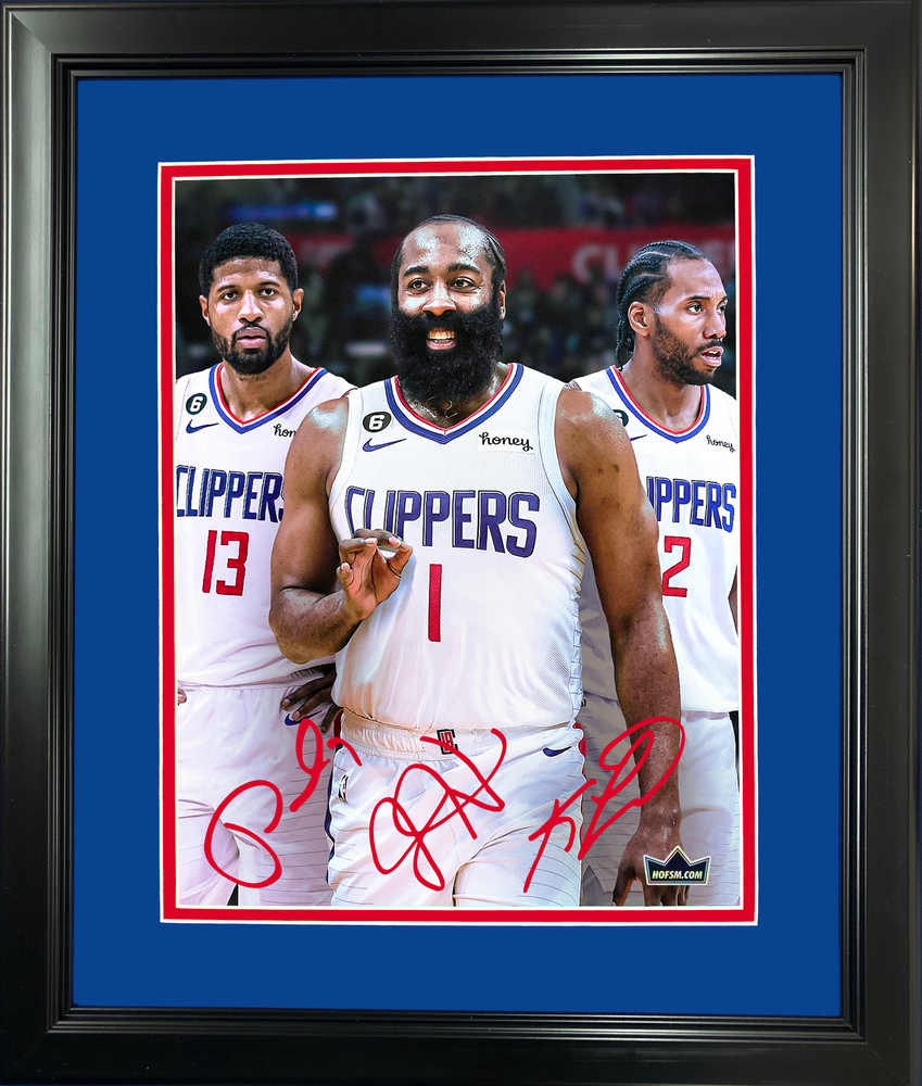 Framed James Harden, Kawhi Leonard & Paul George Big 3 Facsimile Laser Engraved Signature Auto 11"x14" Basketball Photo HOFSM Holo (ONLINE ORDER ONLY)