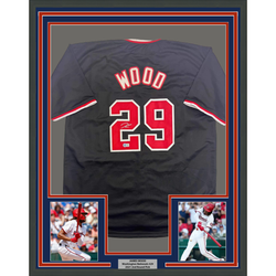 Framed Autographed/Signed James Wood 35x39 Washington Black Baseball Jersey Beckett BAS COA
