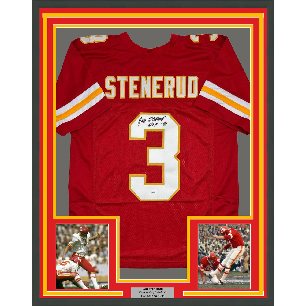 Framed Autographed/Signed Jan Stenerud 35x39 HOF 91 Kansas City Red Football Jersey JSA COA