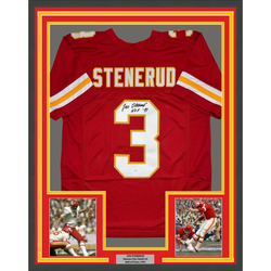 Framed Autographed/Signed Jan Stenerud 35x39 HOF 91 Kansas City Red Football Jersey JSA COA