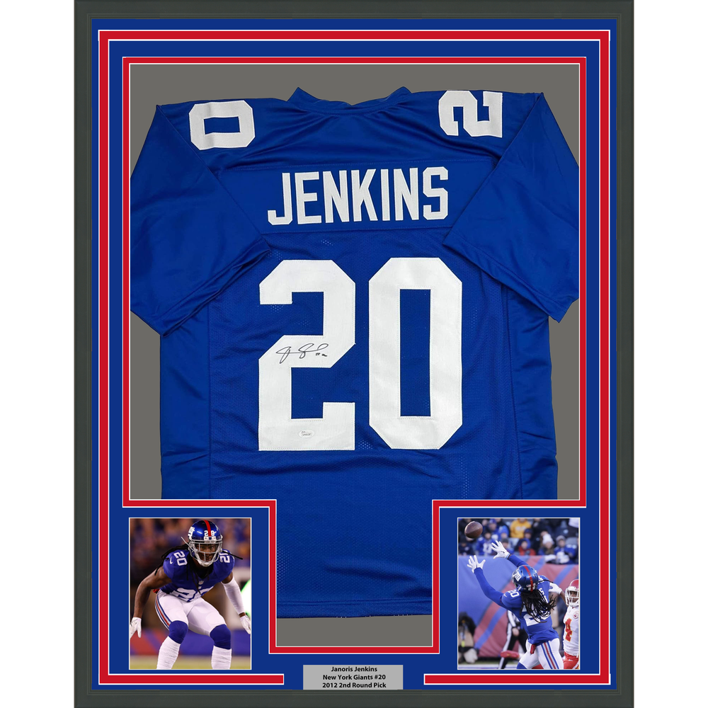 Framed Autographed/Signed Janoris Jenkins Jackrabbit 35x39 New York Blue Football Jersey JSA COA