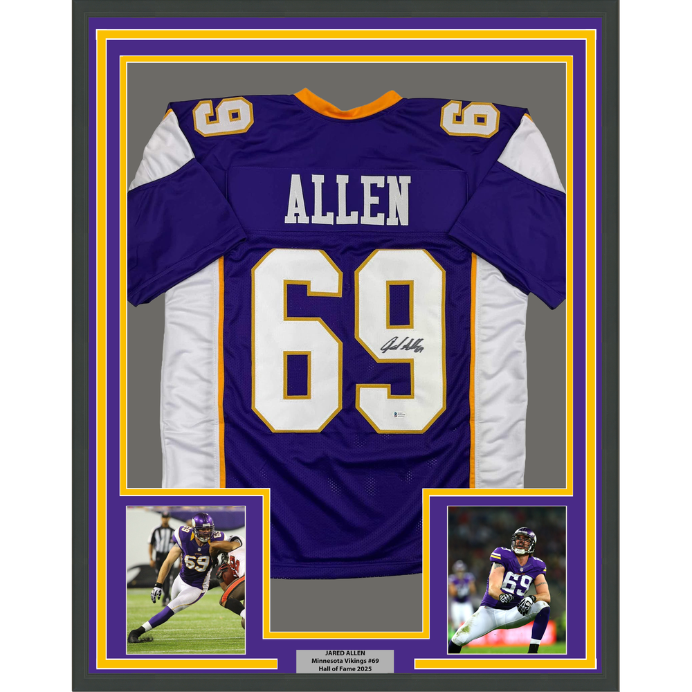 Framed Autographed/Signed Jared Allen 35x39 Minnesota Purple Football Jersey Beckett BAS COA (ONLINE ORDER ONLY)