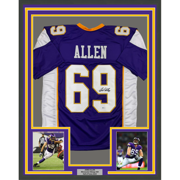 Framed Autographed/Signed Jared Allen 35x39 Minnesota Purple Football Jersey Beckett BAS COA (ONLINE ORDER ONLY)