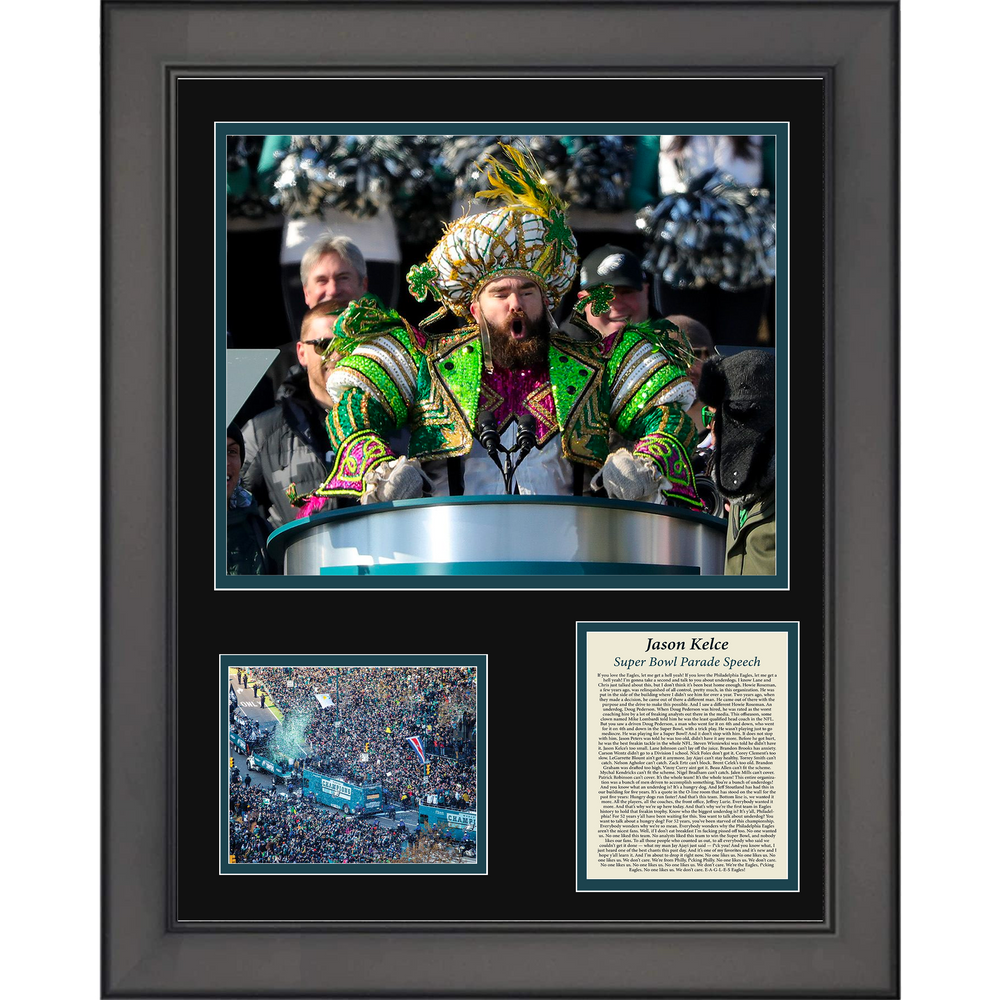 Framed Jason Kelce Parade Speech Transcript Philadelphia Eagles Super Bowl LII Football 11"x14" Three Photo Collage (ONLINE ORDER ONLY)