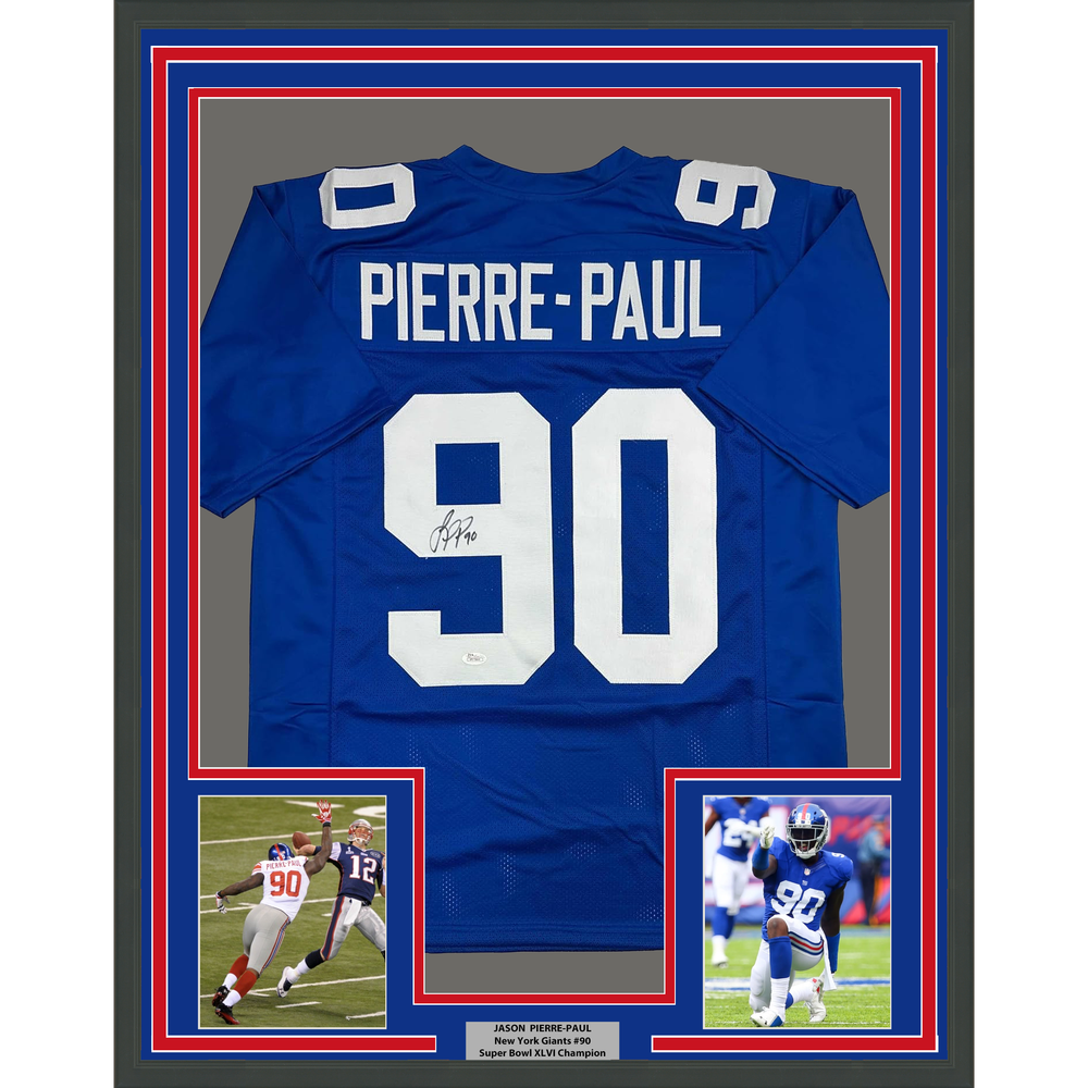 Framed Autographed/Signed Jason Pierre-Paul JPP 35x39 New York Blue Football Jersey JSA COA