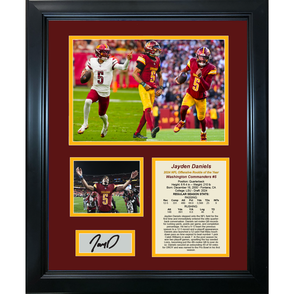 Framed Jayden Daniels 2024 NFL Offensive Rookie of the Year Washington Commanders Facsimile Laser Engraved Signature Auto Football 11"x14"Photo Sig Collage (ONLINE ORDER ONLY)