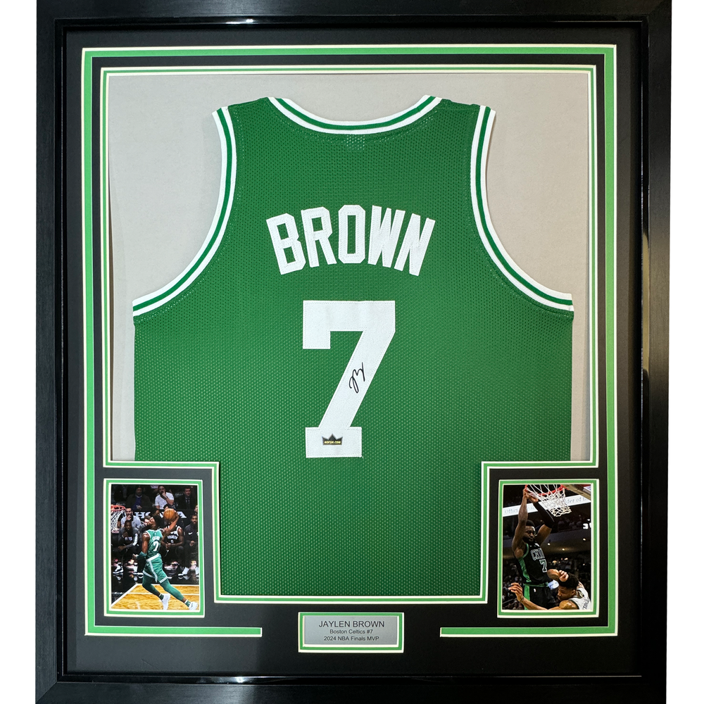 Framed Facsimile Autographed Jaylen Brown 35x39 Boston Green Reprint Laser Auto Basketball Jersey (ONLINE ORDER ONLY)