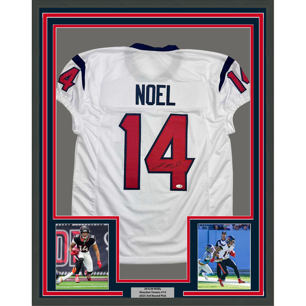 Framed Autographed/Signed Jaylin Noel 35x39 Houston White Football Jersey JSA COA