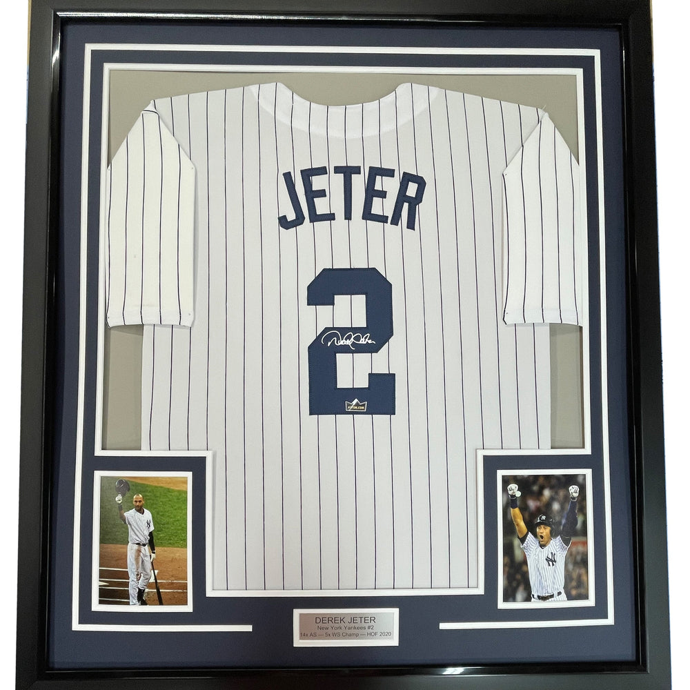 Framed Facsimile Autographed Derek Jeter 35x39 New York Pinstripe Reprint Laser Auto Baseball Jersey (ONLINE ORDER ONLY)
