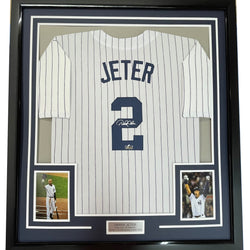 Framed Facsimile Autographed Derek Jeter 35x39 New York Pinstripe Reprint Laser Auto Baseball Jersey (ONLINE ORDER ONLY)