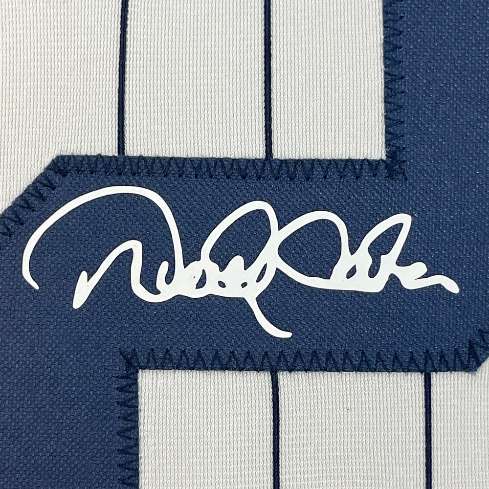 Framed Facsimile Autographed Derek Jeter 35x39 New York Pinstripe Reprint Laser Auto Baseball Jersey (ONLINE ORDER ONLY)