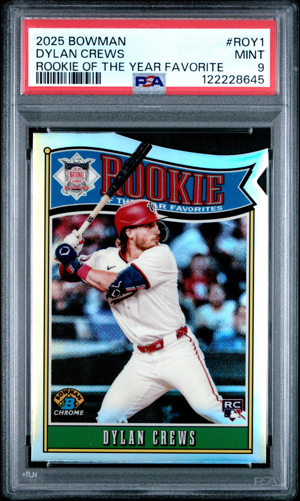 Graded 2025 Topps Bowman Dylan Crews #ROY1 Rookie of the Year Favorite Rookie RC Baseball Card PSA 9 Mint (ONLINE ORDER ONLY)