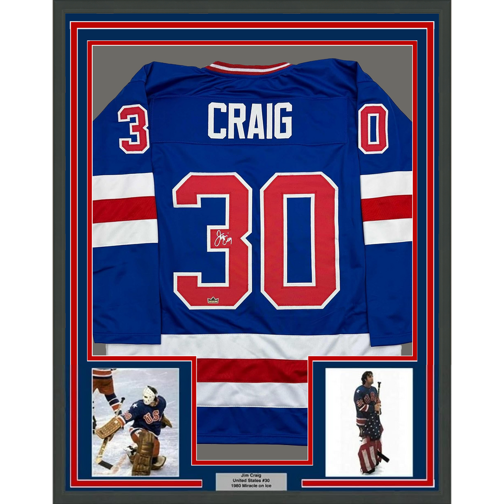 Framed Facsimile Autographed Jim Craig 35x39 United States USA Blue 1980 Miracle on Ice Reprint Laser Auto Hockey Jersey (ONLINE ORDER ONLY)