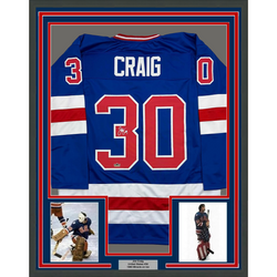 Framed Facsimile Autographed Jim Craig 35x39 United States USA Blue 1980 Miracle on Ice Reprint Laser Auto Hockey Jersey (ONLINE ORDER ONLY)