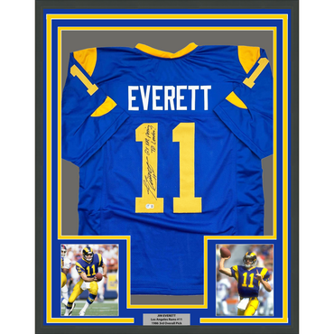 Framed Autographed/Signed Jim Everett 2x Passing TD Leader 35x39 Los Angeles LA Blue Football Jersey Beckett BAS COA (ONLINE ORDER ONLY)