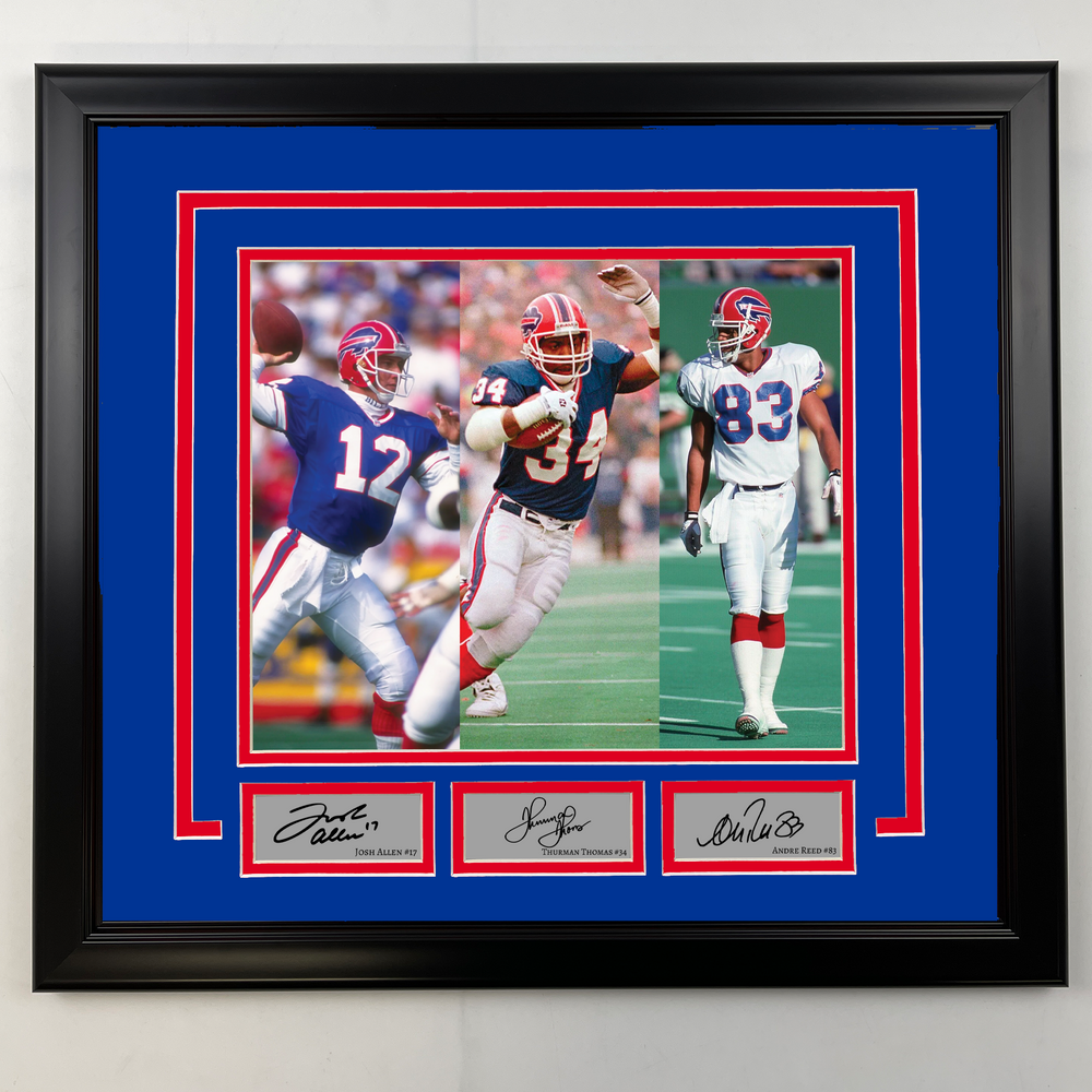 Framed Jim Kelly, Thurman Thomas and Andre Reed Facsimile Laser Engraved Signatures Buffalo Bills 19x21 Football Photo (ONLINE ORDER ONLY)