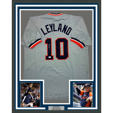 Framed Autographed/Signed Jim Leyland 35x39 Detroit Grey Baseball Jersey JSA COA (ONLINE ORDER ONLY)