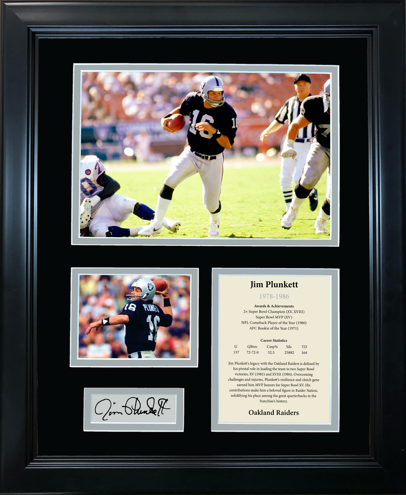 Framed Jim Plunkett Facsimile Laser Engraved Signature Auto Oakland Los Angeles Raiders 11"x14" Football Photo Sig Collage (ONLINE ORDER ONLY)