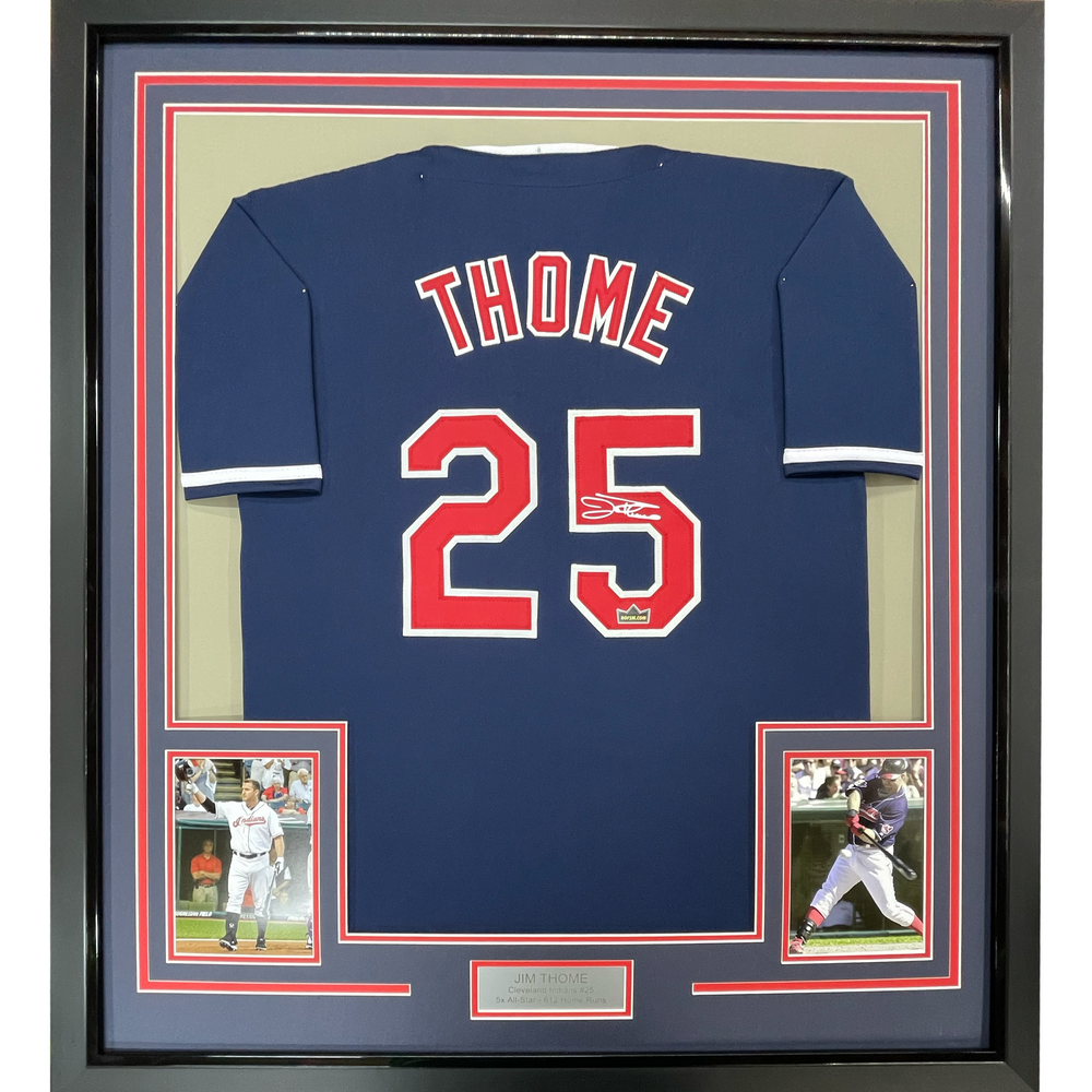 Framed Facsimile Autographed Jim Thome 35x39 Cleveland Blue Reprint Laser Auto Baseball Jersey (ONLINE ORDER ONLY)
