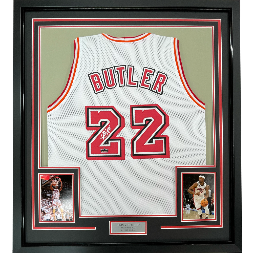 Framed Facsimile Autographed Jimmy Butler 35x39 Miami White Retro Reprint Laser Auto Basketball Jersey (ONLINE ORDER ONLY)